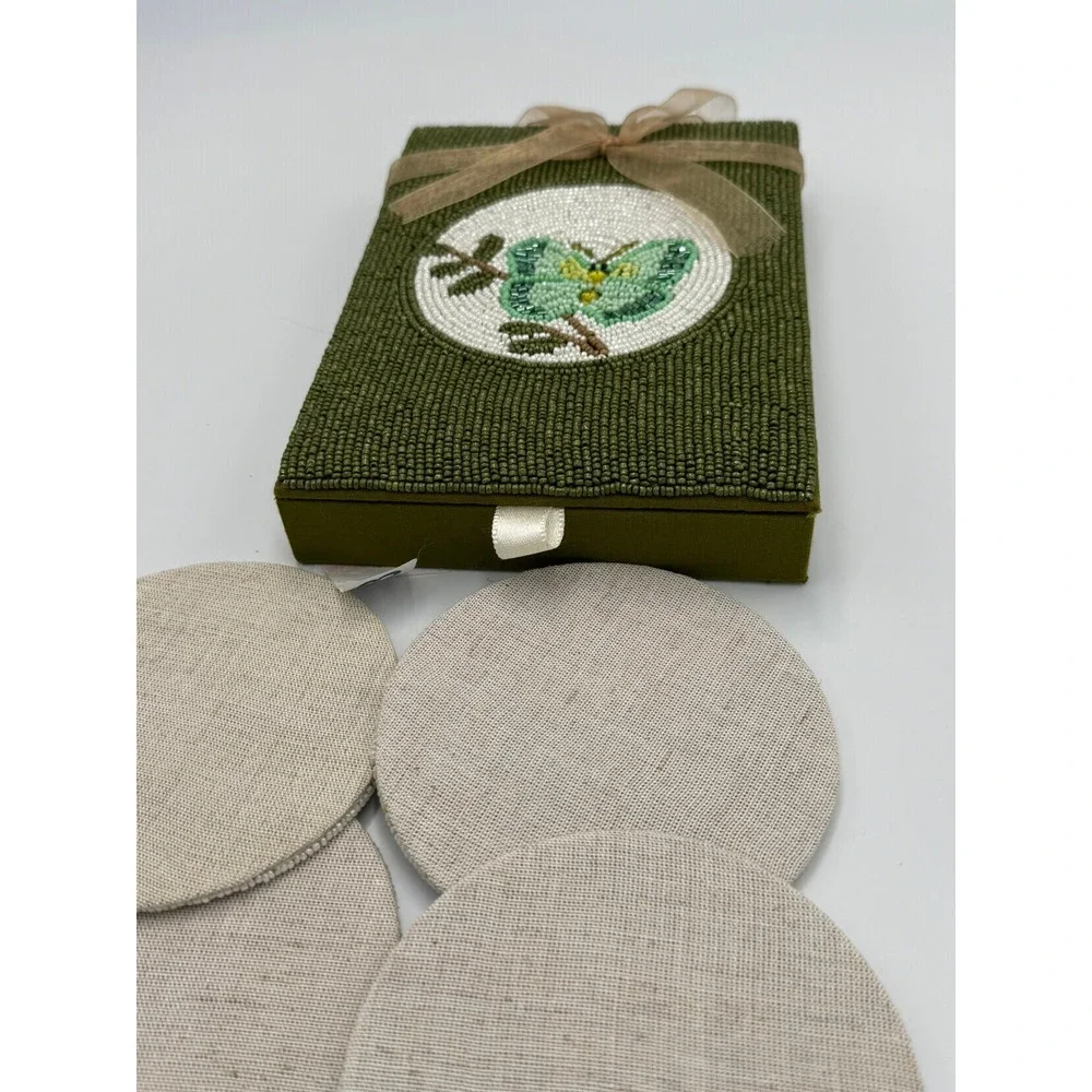 Green Butterfly Hand Beaded Coaster Set of 4 with Matching Beaded Storage Box